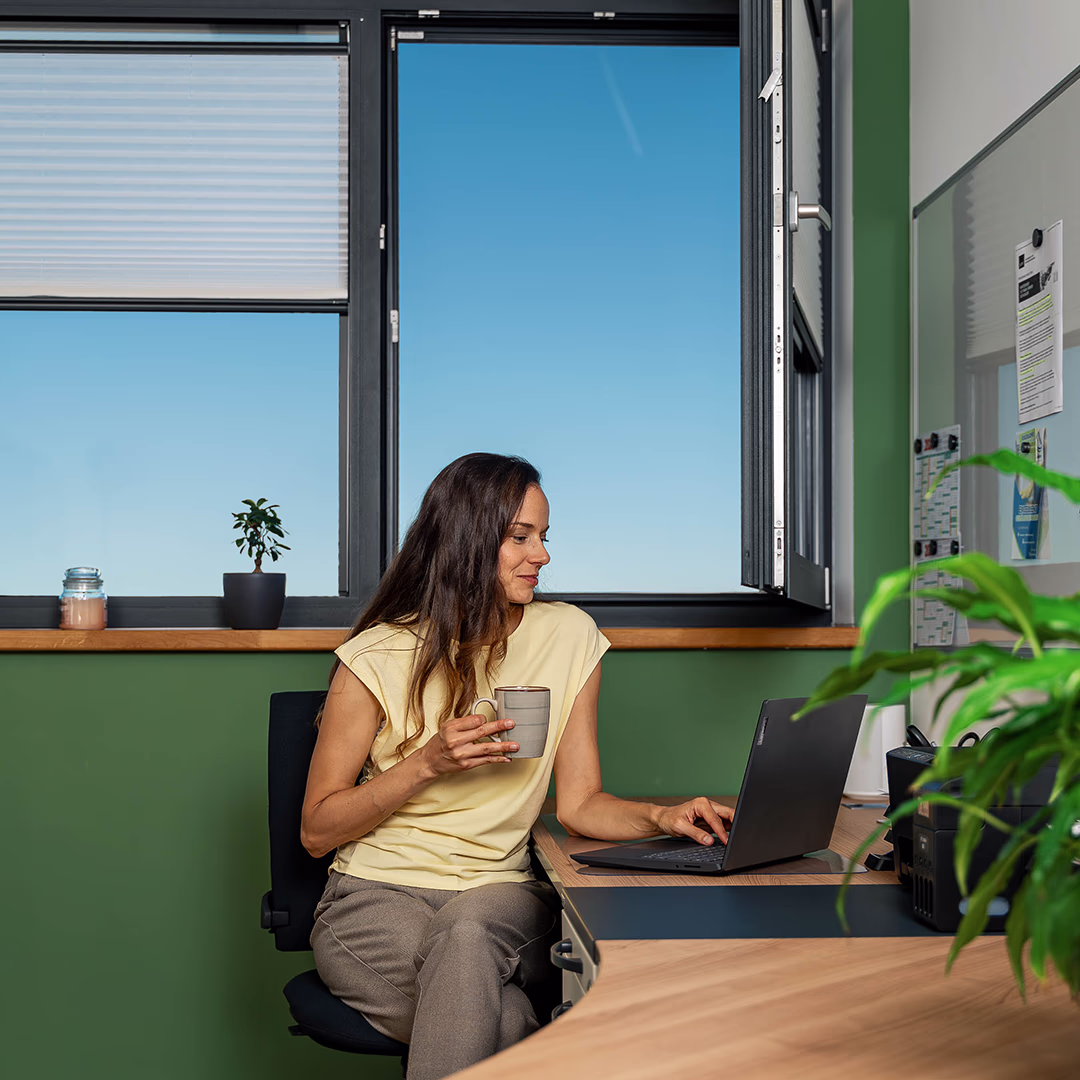 Eine Frau sitzt am Schreibtisch. Im Hintergrund Fliegengitter und blauer Himmel