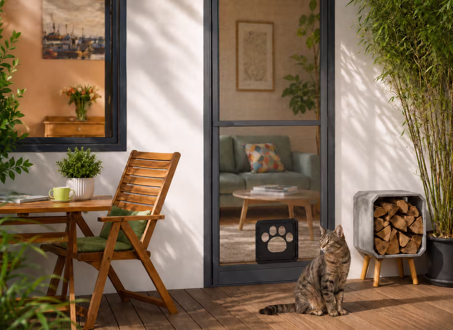 Fliegengittertür mit integrierter Katzenklappe auf einer Terrasse