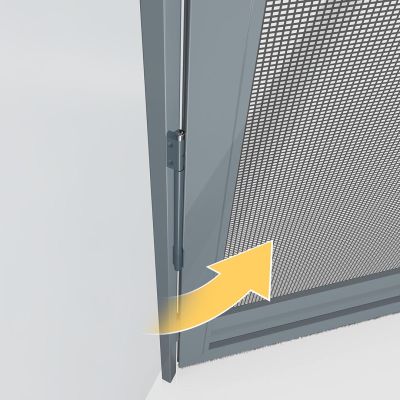 Ein gelber Pfeil zeigt den Mechanismus der Fliegengitterschwingtür