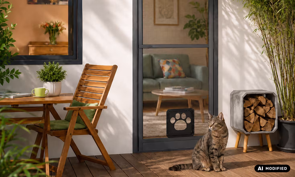 Fliegengittertür mit integrierter Katzenklappe auf einer Terrasse