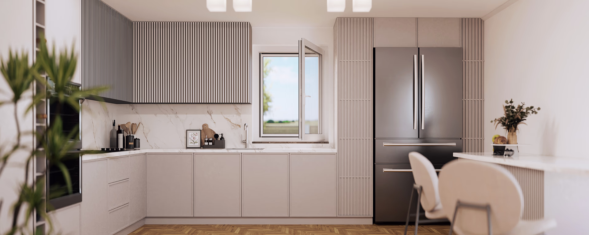 Weißes Fenster mit weißem Insektenschutz-Spannrahmen in einer Küche