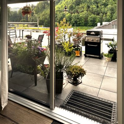 Fliegengitterrollotür geöffnet. Draußen ein Grill