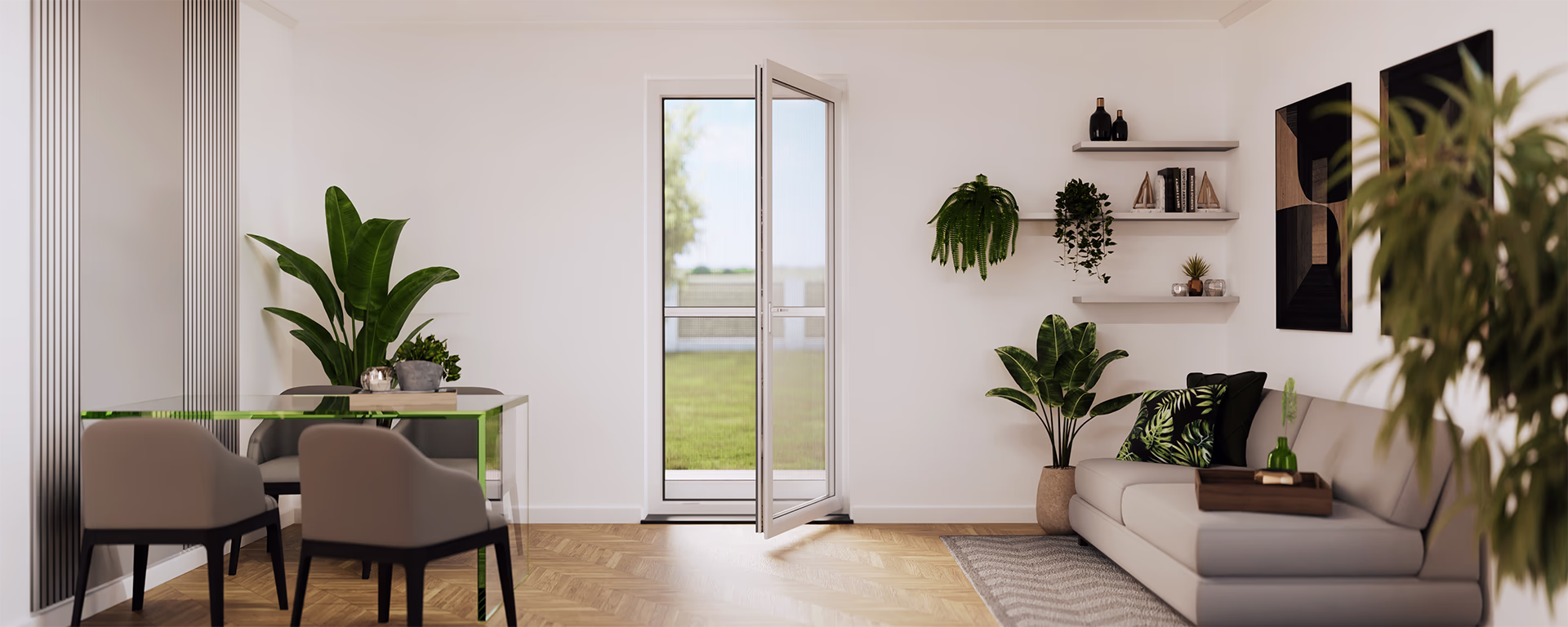 Weiße Terrassentür mit einer weißen Insektenschutz-Pendeltür in einem Wohnzimmer