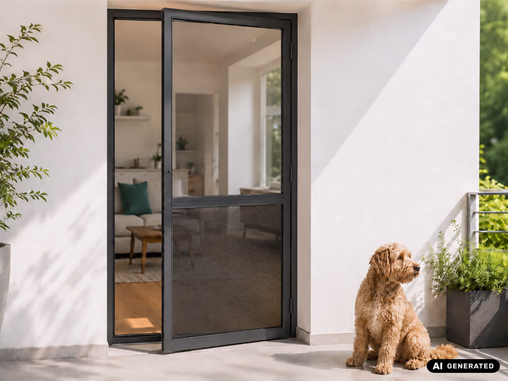 Fliegengittertür mit Petscreen ein Hund davor