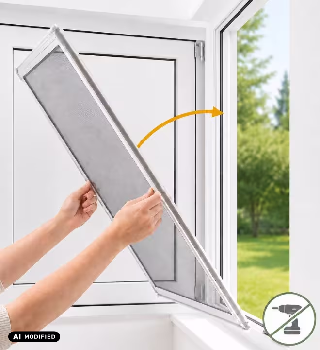 Fliegengitter wird in Fenster eingesetzt