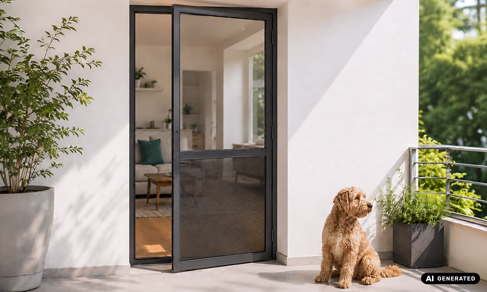 Eine Fliegengittertür mit Petscreen einen Hund davor